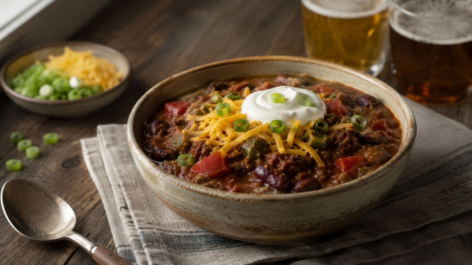Bowl of Alberta bison chili topped with cheddar, sour cream and green onions on a wooden table.