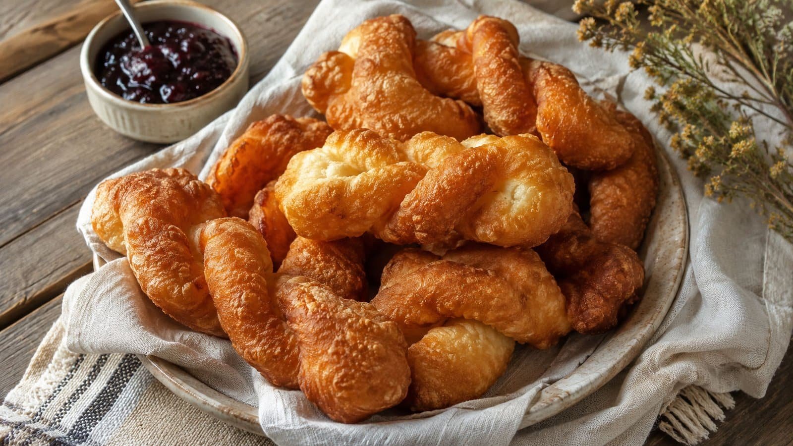 Grandma's Bangs, twisted Métis fried bread from Saskatchewan, served golden with berry jam