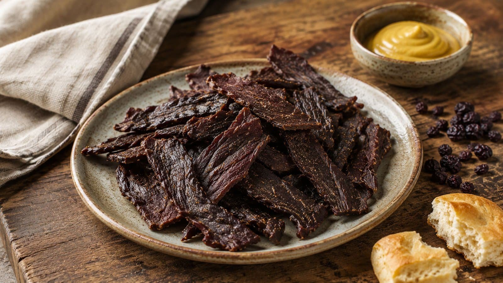 Homemade Canadian beef jerky strips served with mustard and dried berries