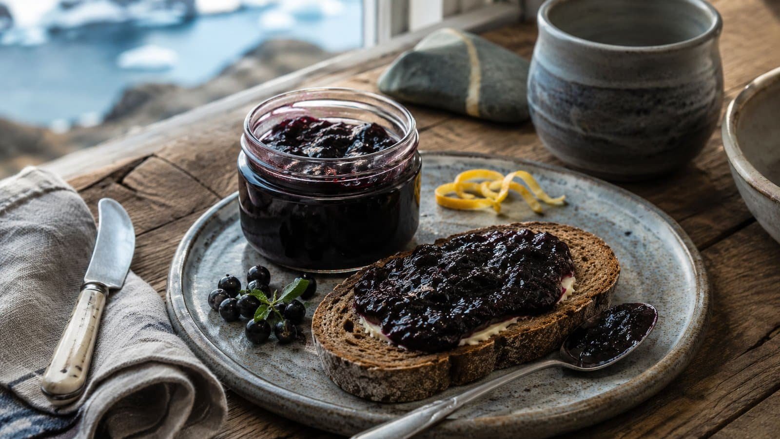 Greenlandic paarnat crowberry jam in a glass jar with dark rye bread in a rustic Nordic kitchen setting