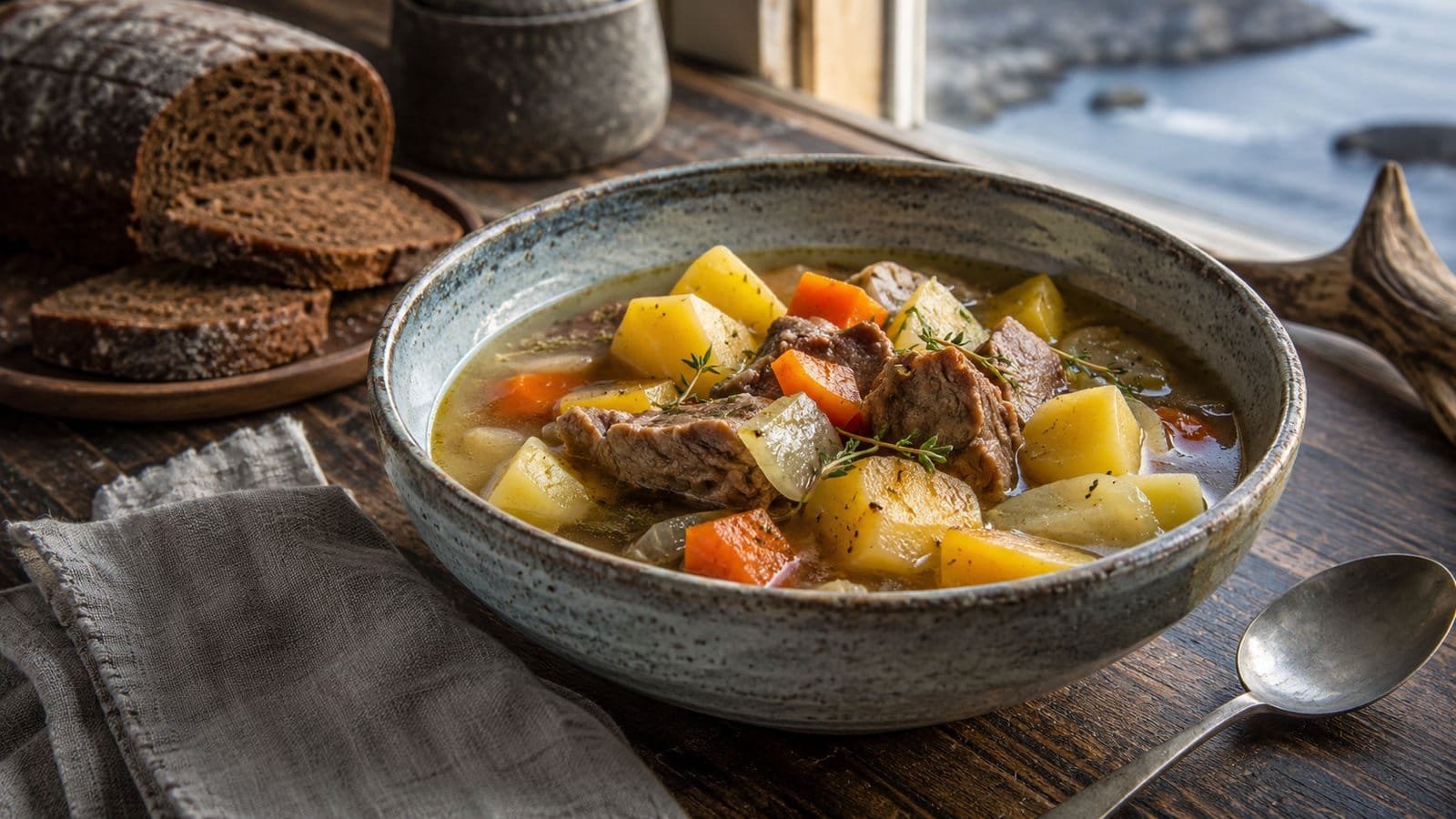 Greenlandic Kuanit lamb stew with potatoes, carrots and rutabaga served in a rustic stoneware bowl