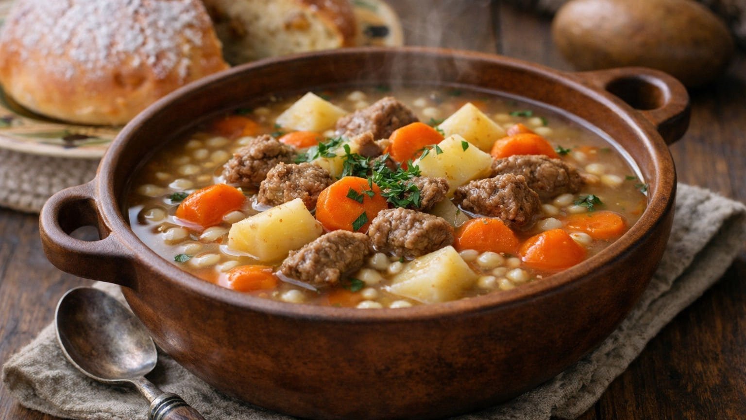 Traditional Greenlandic suaasat stew served in ceramic bowl with Kalaallit Kaagiat bread in background.
