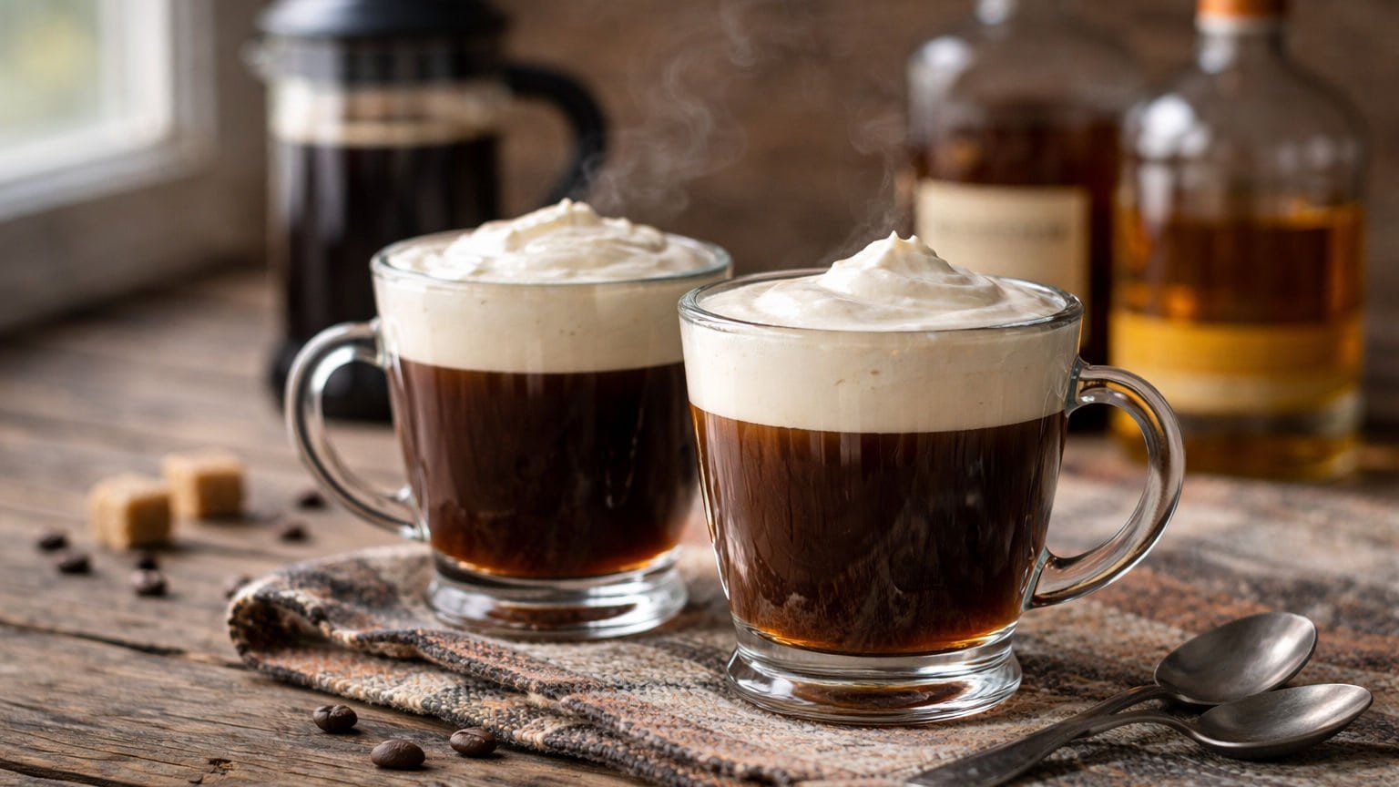 Two glass cups of Greenlandic coffee topped with whipped cream on a rustic wooden table