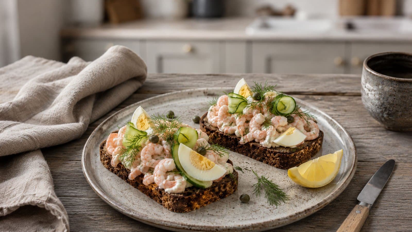 Greenlandic shrimp salad with egg, cucumber and dill served open-faced on hearty dark rye bread